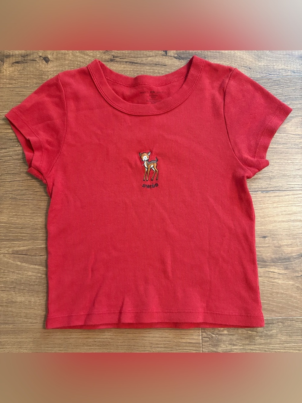 Brandy Melville Red Short Sleeve Baby Tee with Deer Embroidery